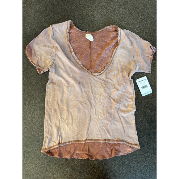 Free People Womens XS Mushroom T Shirt Raw Hem Lace Trim Tee Top NWT - Picture 2 of 6